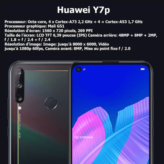 Huawei Y7P 6.39" 4G (4Go, 64Go)- Noir